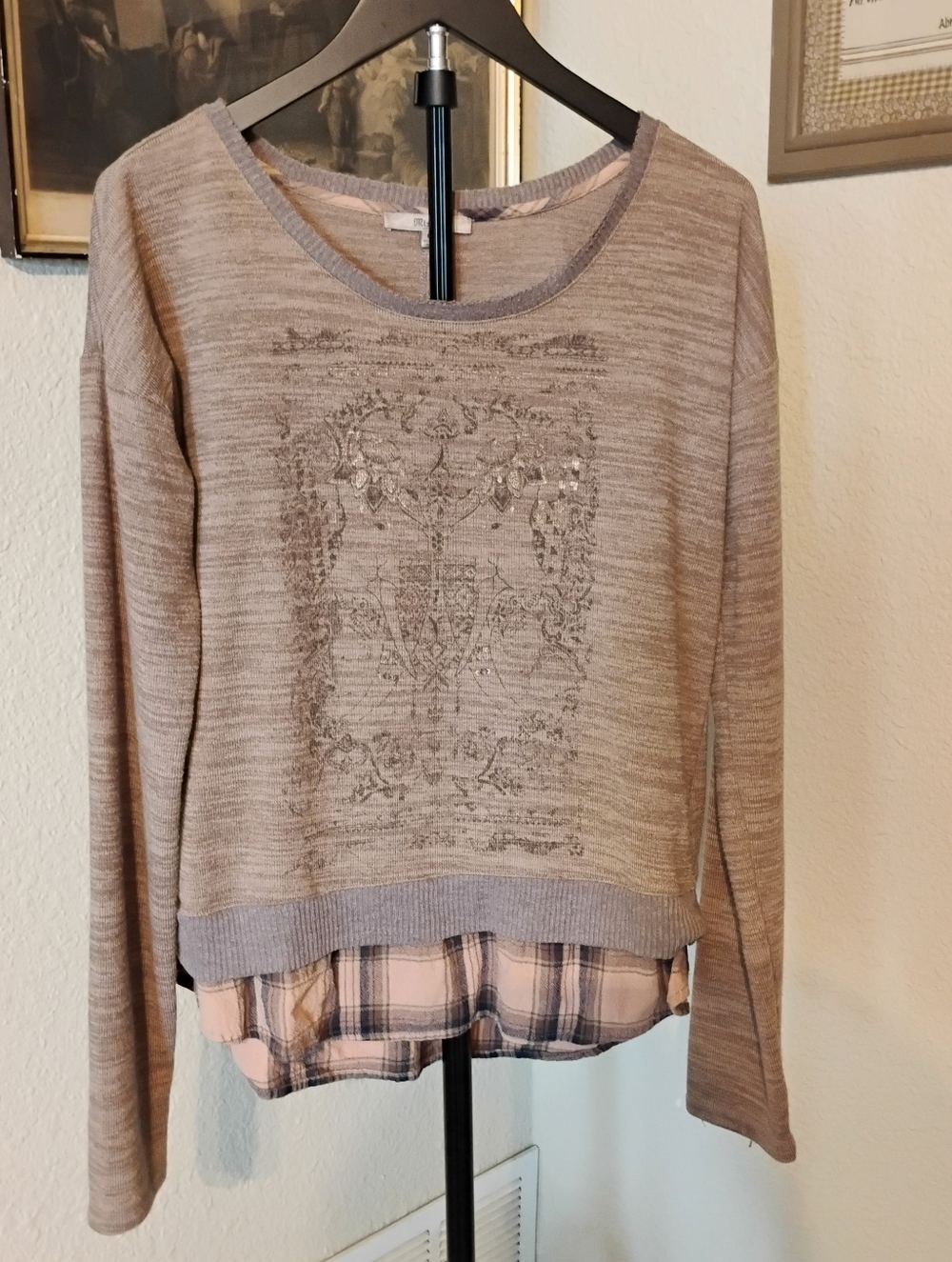 Miss Me Women's Size L Brown Boho Sweater Pullover Flannel Skirt Layered Look